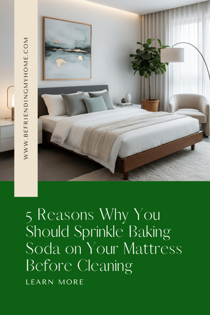 Modern cozy bedroom with neutral decor and green accents promoting article titled ‘5 Reasons Why You Should Sprinkle Baking Soda on Your Mattress Before Cleaning’ on BefriendingMyHome.com.